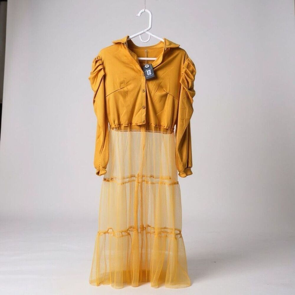 Ekaliy Long Sleeve High Low Asymmetrical Ruffle Shirt Dress Women XL Yellow